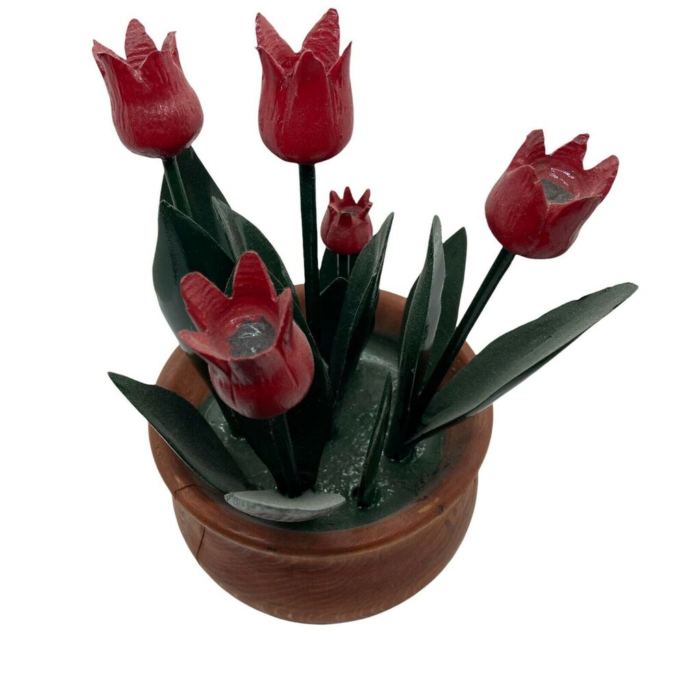 Red Tulip Flowers And Leaves Handmade Wood Decorative Bowl Of Floral Art Decor